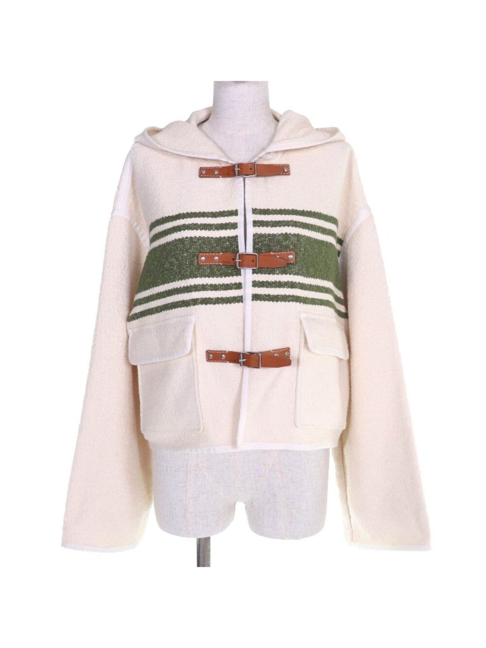 Celine Cotton Logo Embossed Leather Belt Hooded Cardigan Ivory 36